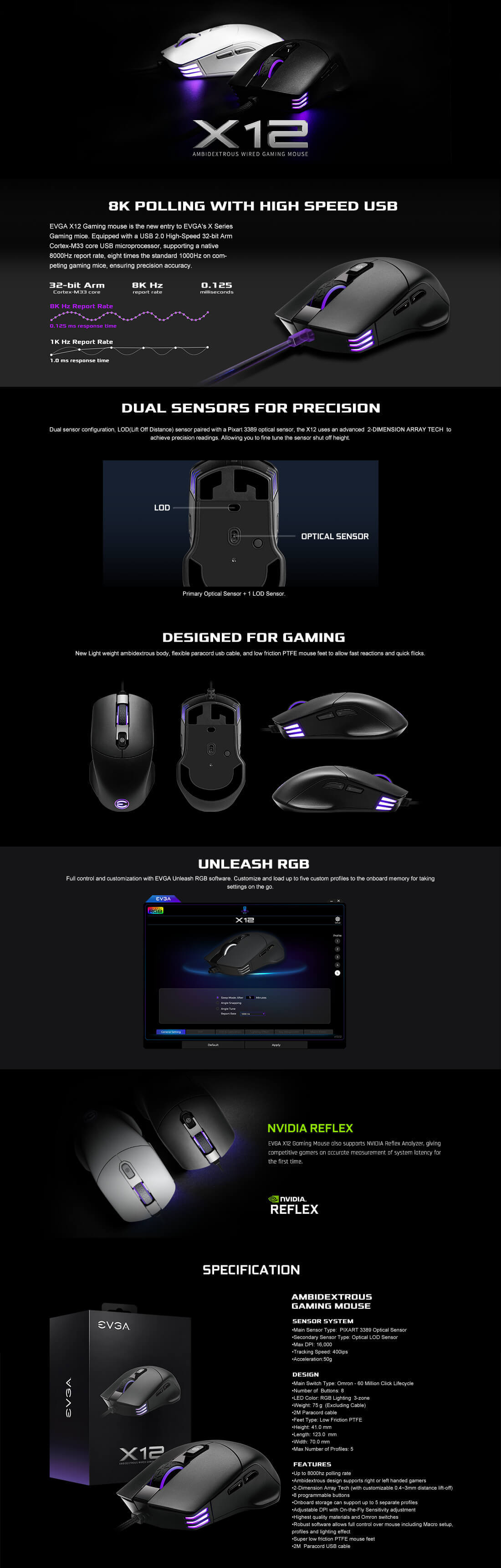 EVGA X12 Gaming Mouse - 8K - Wired - Black - Customizable - Dual Sensor - 16,000 DPI - 5 Profiles - 8 Buttons - Ambidextrous Light Weight - RGB
