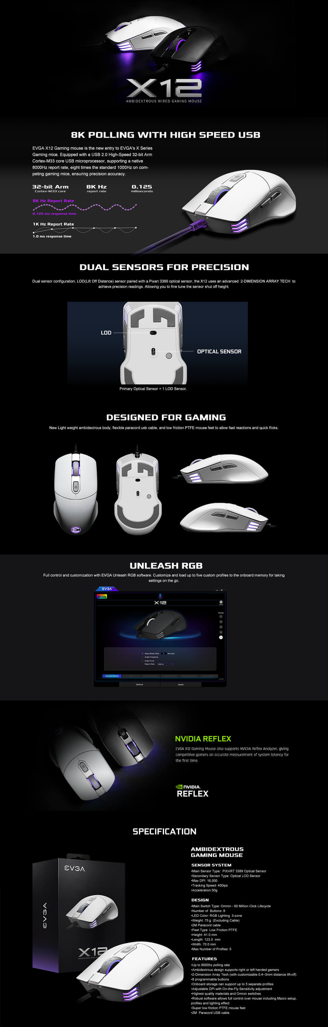 EVGA X12 Gaming Mouse - 8K - Wired - White - Customizable - Dual Sensor - 16,000 DPI - 5 Profiles - 8 Buttons - Ambidextrous Light Weight - RGB